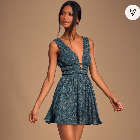 Lulu’s Smokeshow Teal Metallic Mini Dress - Picture 1 of 4